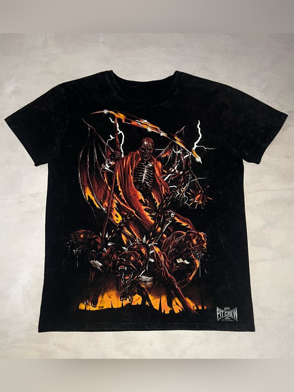 Broken Promises Graphic Tee Mens Size Large Washed Black Grim Reaper Dogs